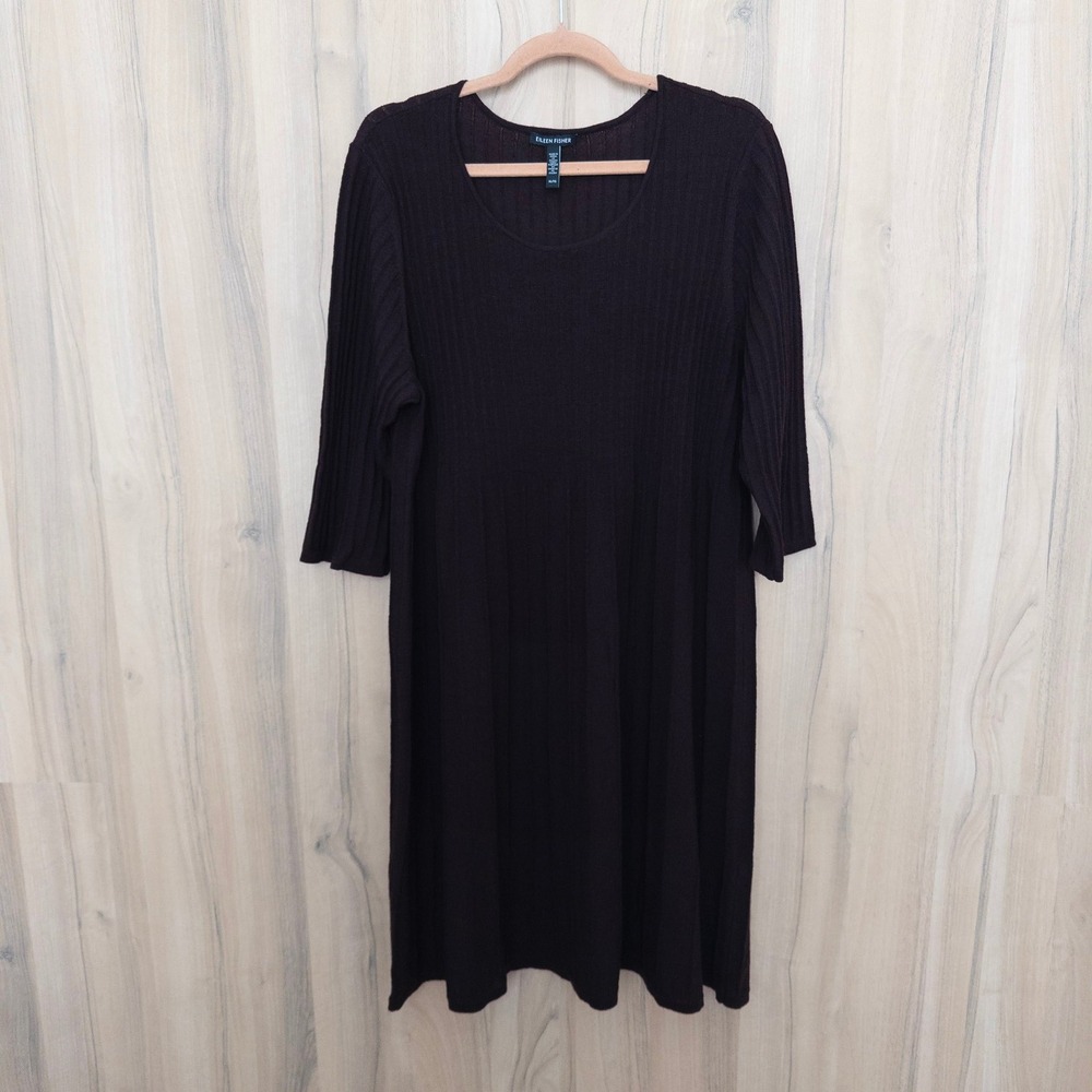 Eileen Fisher Merino Wool Sweater Dress XL Brown Ribbed Quiet Luxury Minimalist